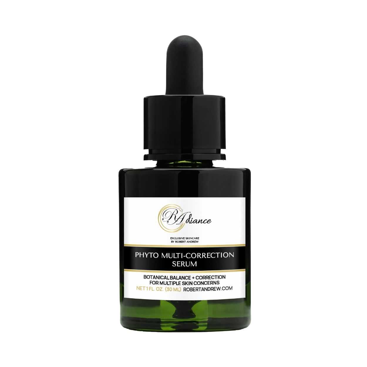 Brilliance Phyto Multi-Correction Serum in a green glass bottle with a black dropper lid.