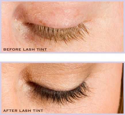 Closed eye before and after lash tint, showing transformation from light to dark eyelashes.