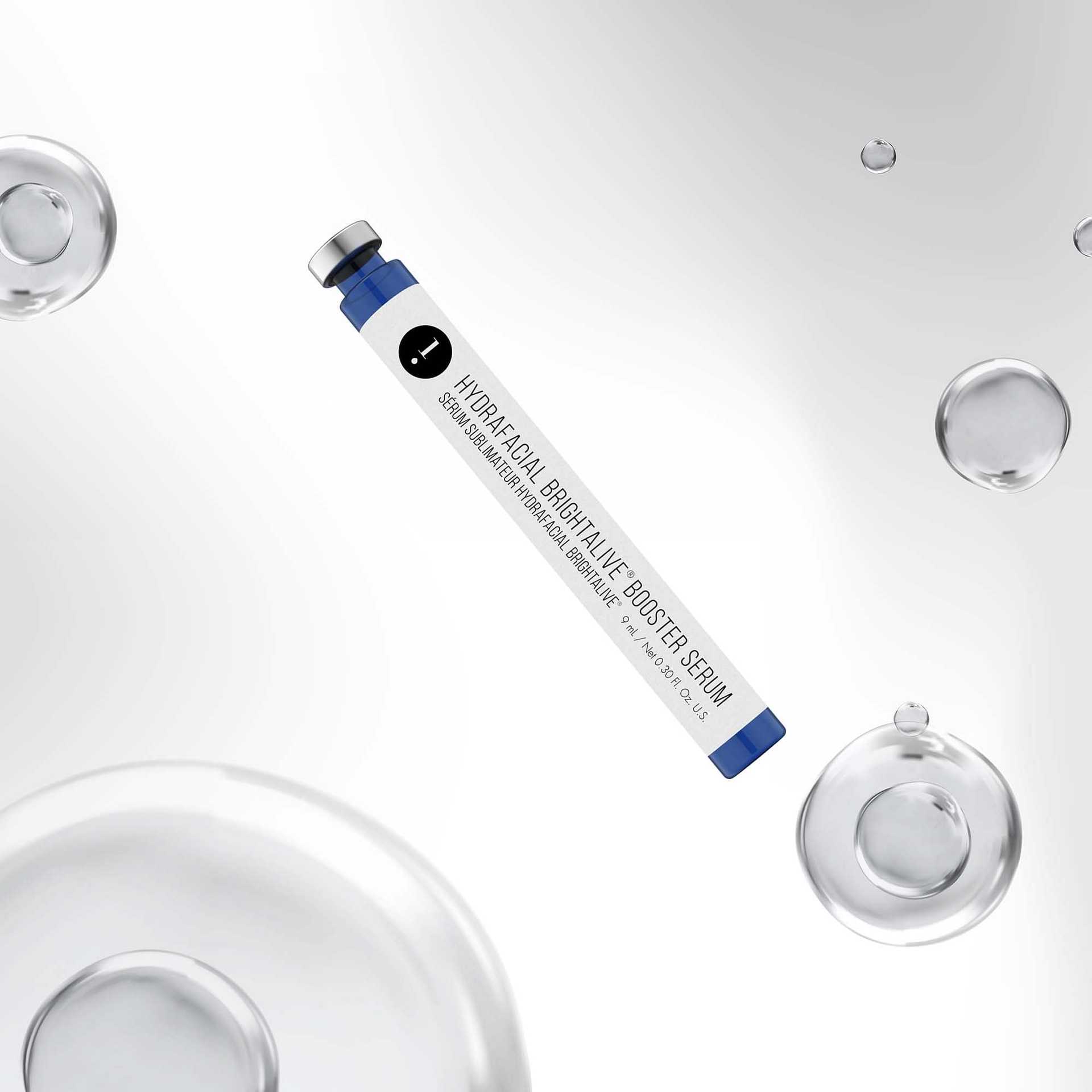 Hydrafacial brightalive booster serum with a sleek design, surrounded by water droplets.