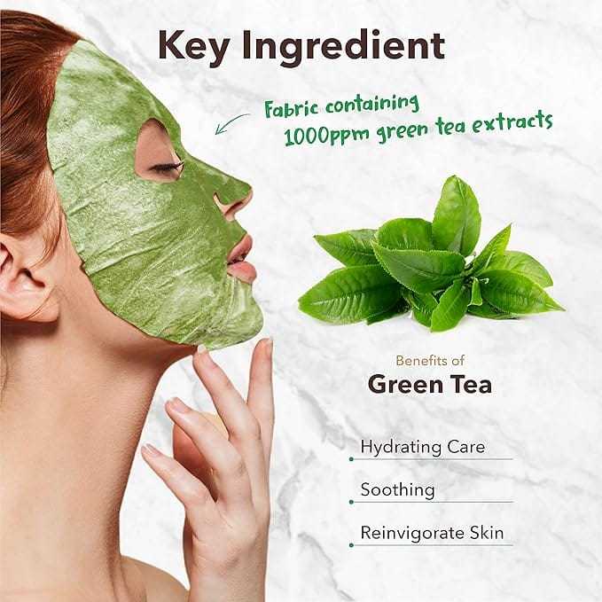Green tea face mask showing soothing, hydrating, and reinvigorating benefits.