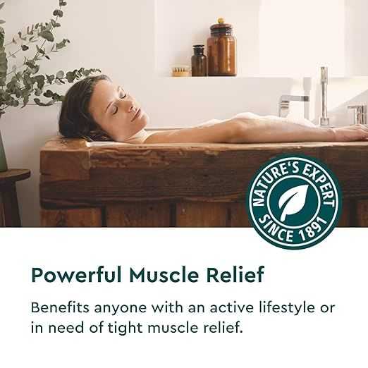 Woman relaxing in a wooden bathtub for muscle relief; "Nature's Expert" logo.