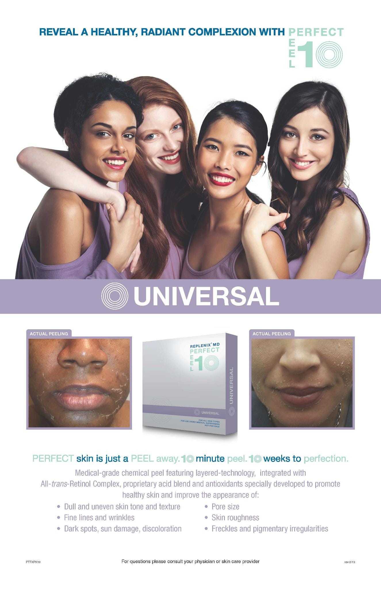 Four smiling women promoting skin care treatment with a before-and-after image of skin improvement.