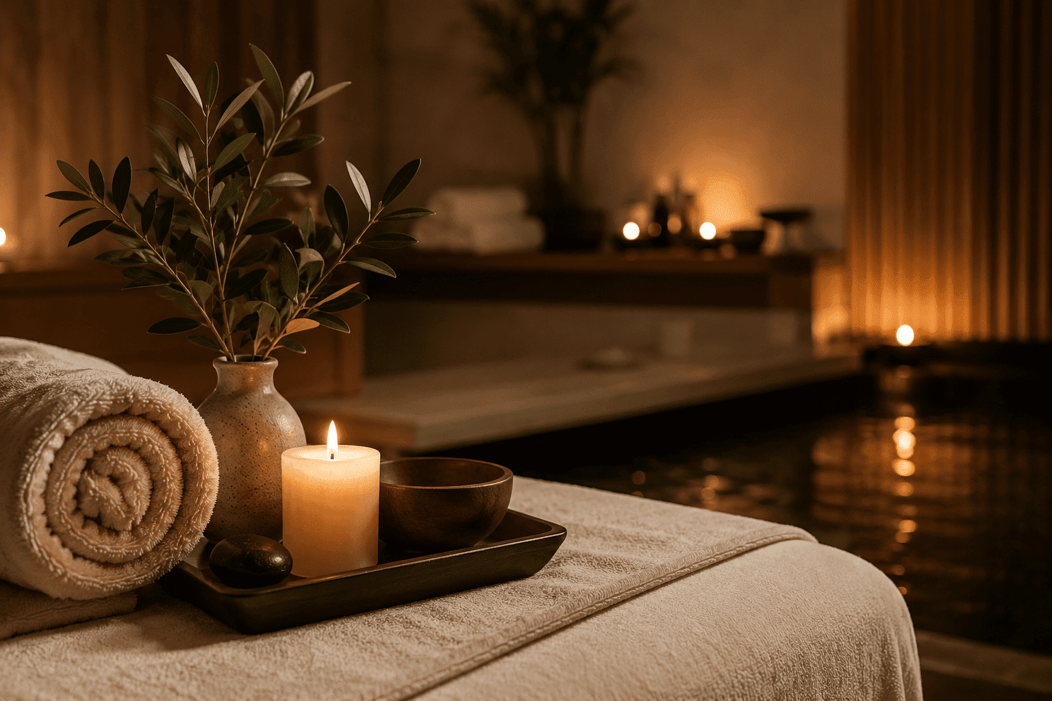 Cozy spa setting with candles, towels, and a serene indoor pool ambiance.