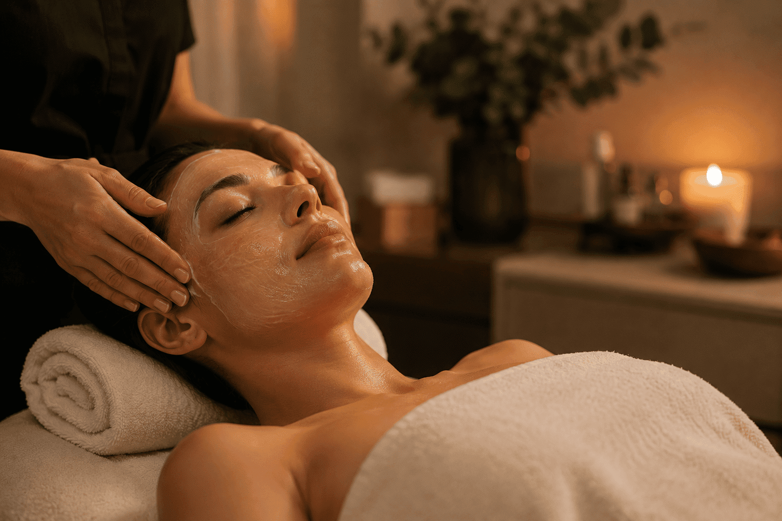 Person receiving a relaxing facial treatment in a tranquil spa setting.
