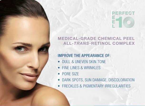 Woman promoting chemical peel listing benefits: improves skin tone, reduces wrinkles and pore size.