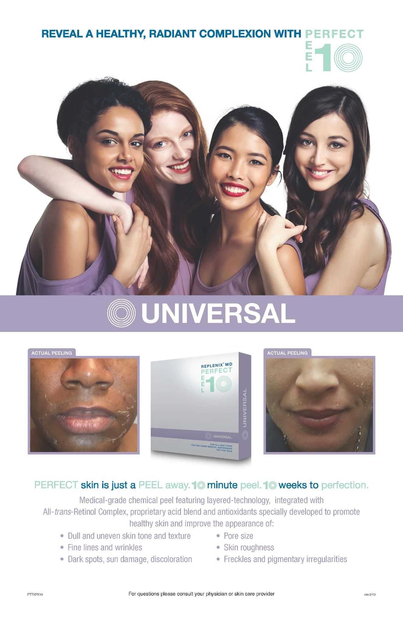 Four smiling women promoting skin care treatment with a before-and-after image of skin improvement.