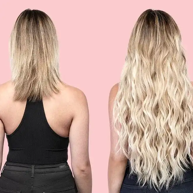Before and after hair transformation with extensions, showing increased length and volume.